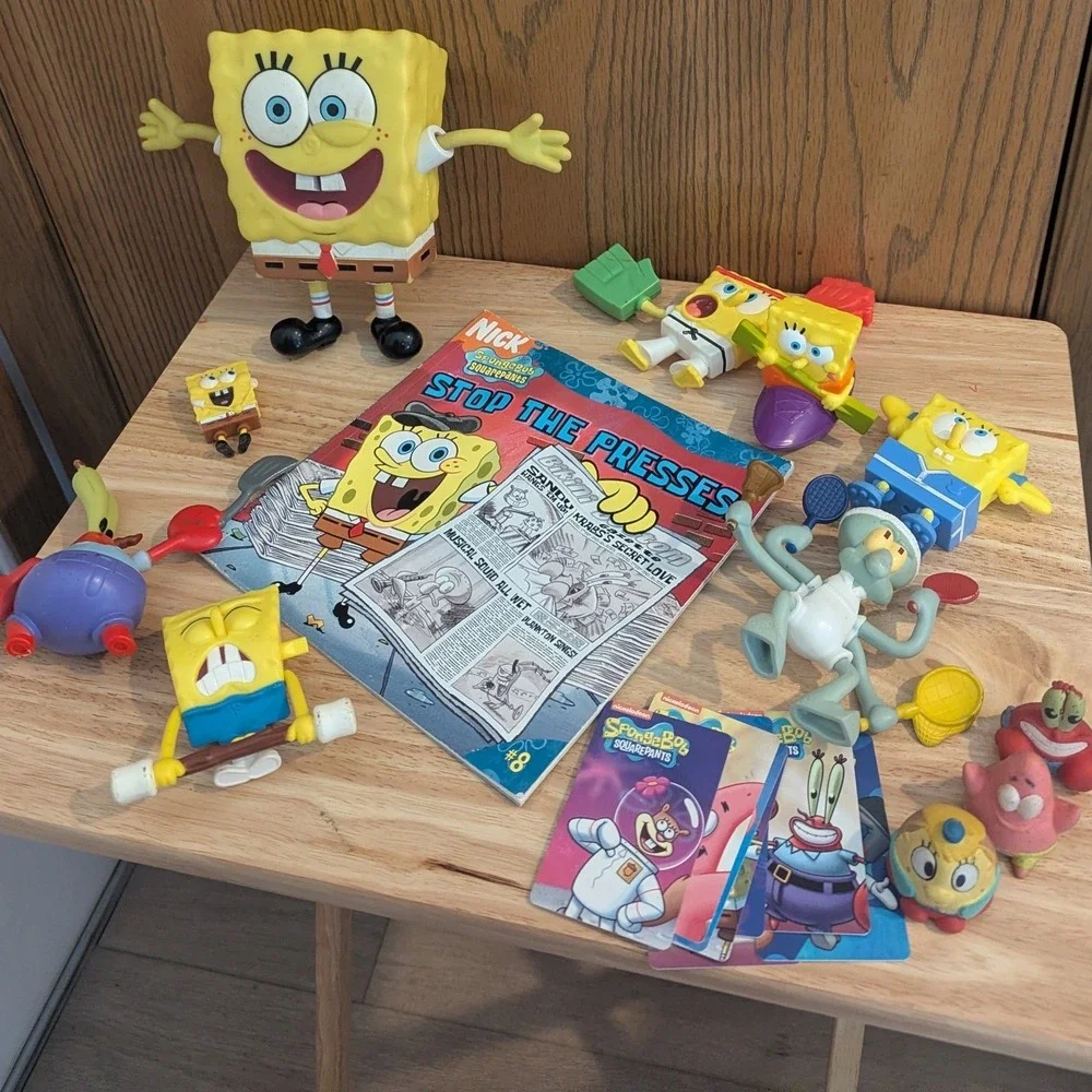 SpongeBob SquarePants Toy Lot -Figures Squidward Mr Krabs Book and Cards Bundle
